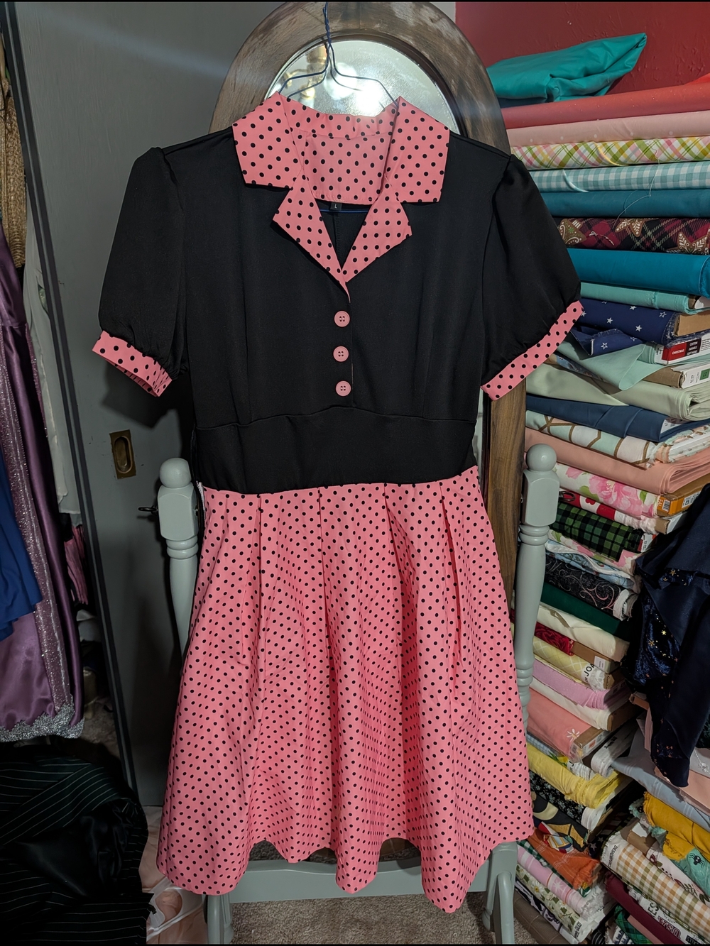 Vintage-Inspired Black and Pink Polka Dot Fit & Flair Dress